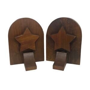 Mid 20th Century Rustic Handcrafted Mahogany Bookends With Star Motif - A Pair